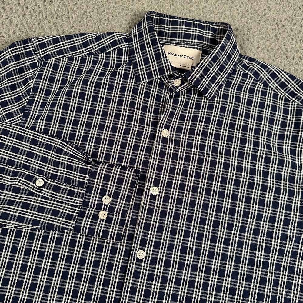 Ministry of Supply‎ Shirt Mens Small Blue White Plaid Button Down Moisture Wick